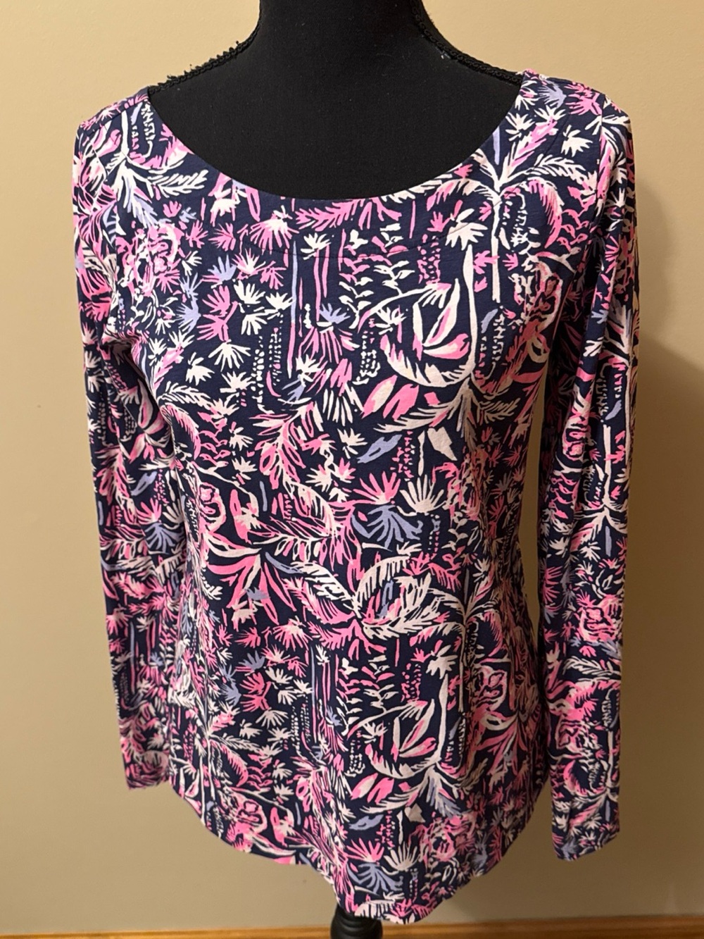 Lilly Pulitzer Navy Long Sleeve Scoop Neck Top with Pink & White Floral